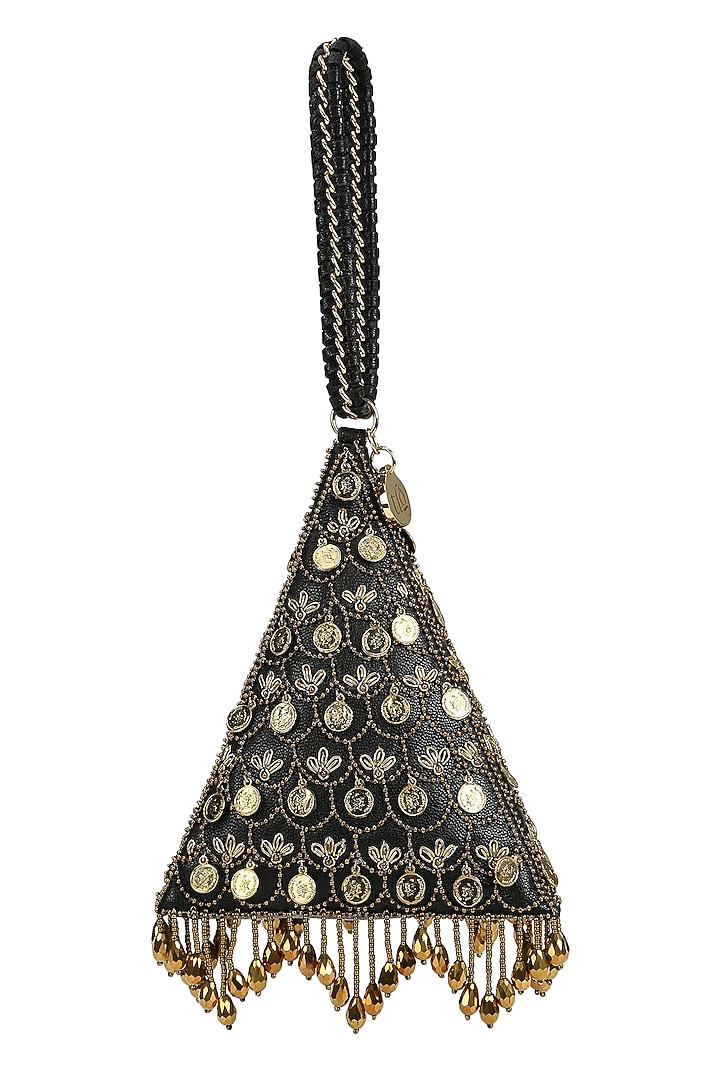 Black Leather Metallic Thread Embroidered Potli by The Leather Garden at Pernia's Pop Up Shop