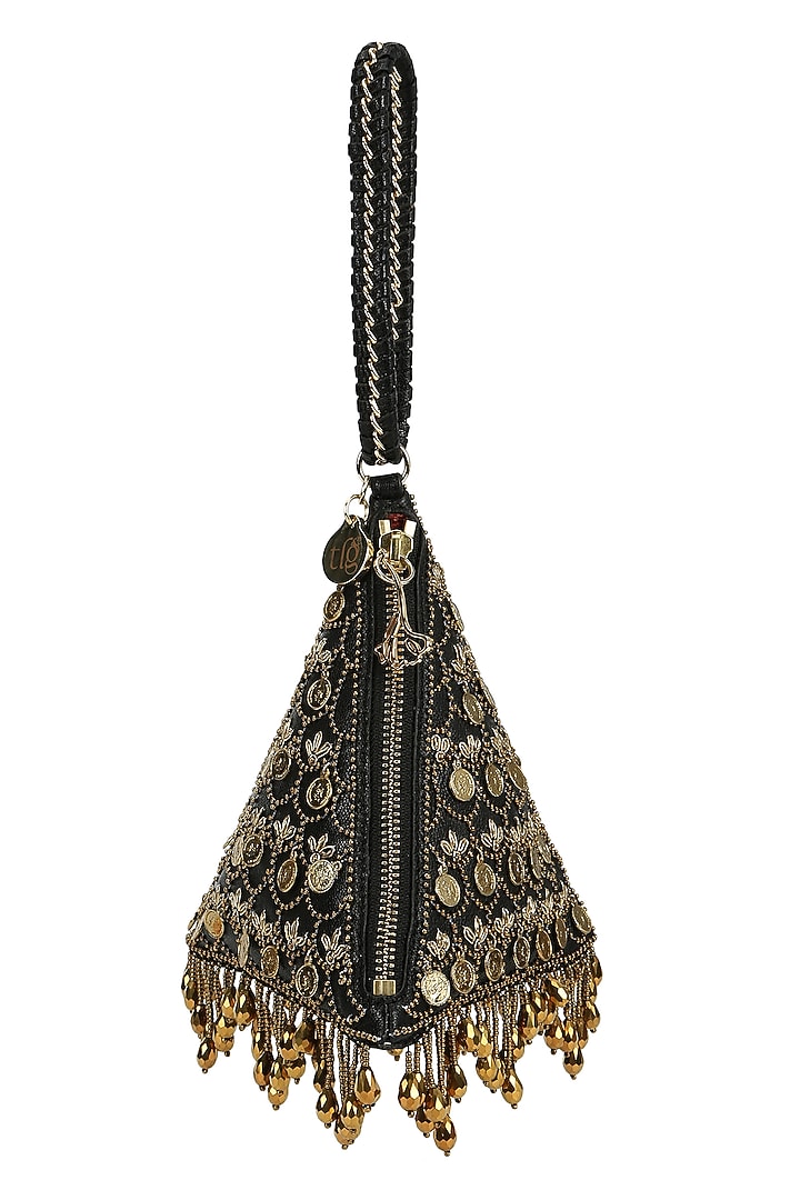Black Leather Metallic Thread Embroidered Potli by The Leather Garden at Pernia's Pop Up Shop