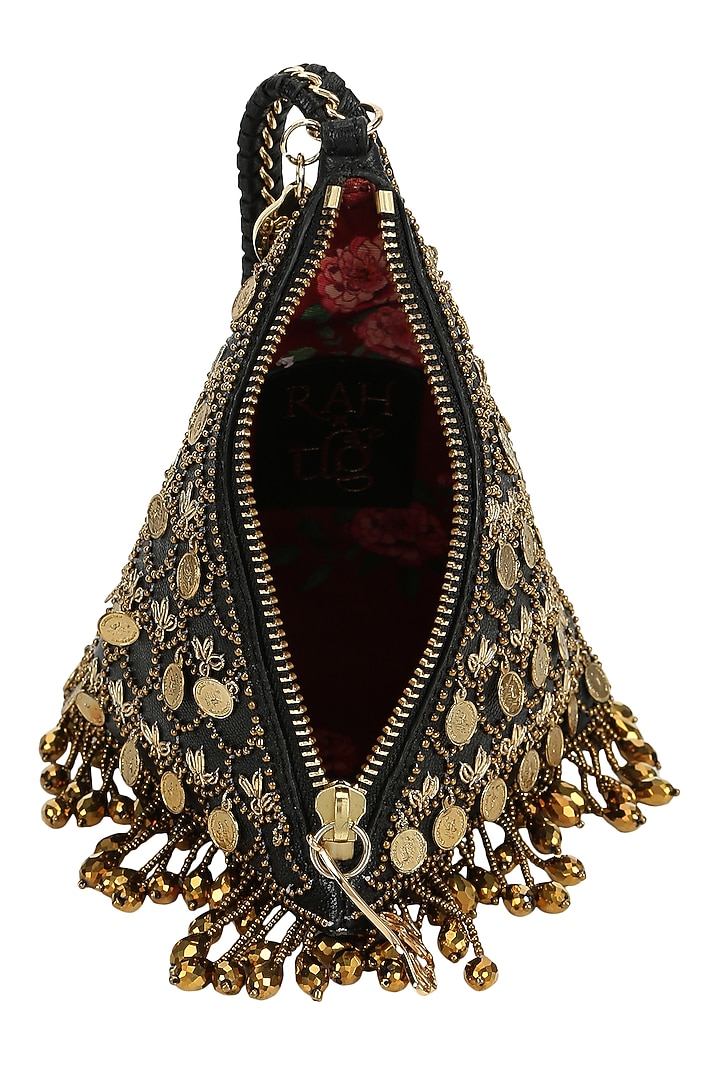 Black Leather Metallic Thread Embroidered Potli by The Leather Garden at Pernia's Pop Up Shop