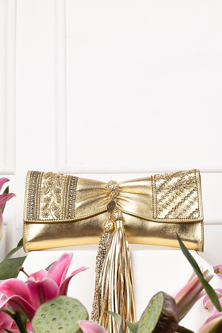 Gold Leather Dabka Embroidered Clutch by The Leather Garden at Pernia's Pop Up Shop