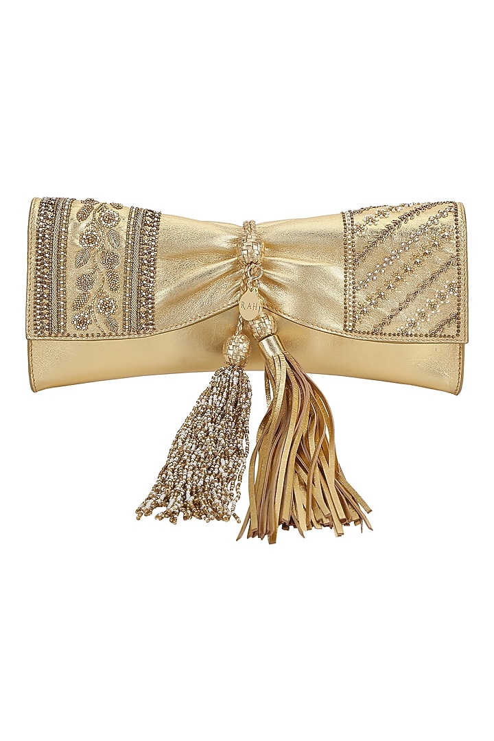Gold Leather Dabka Embroidered Clutch by The Leather Garden at Pernia's Pop Up Shop
