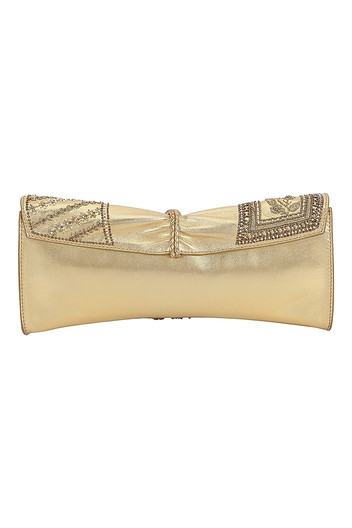Gold Leather Dabka Embroidered Clutch by The Leather Garden at Pernia's Pop Up Shop