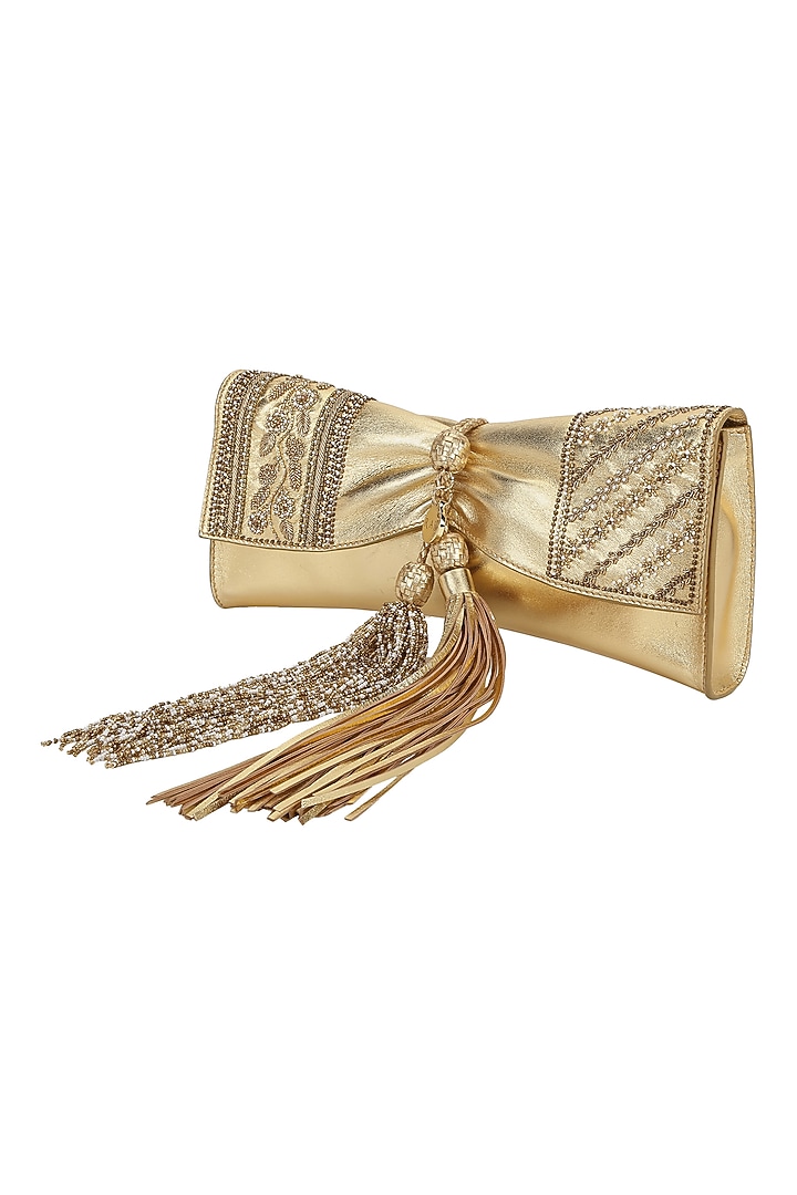 Gold Leather Dabka Embroidered Clutch by The Leather Garden at Pernia's Pop Up Shop