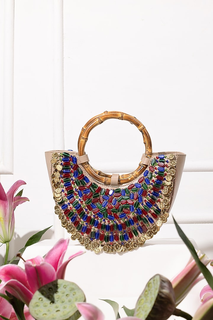 Nude Leather Embellished Potli by The Leather Garden at Pernia's Pop Up Shop