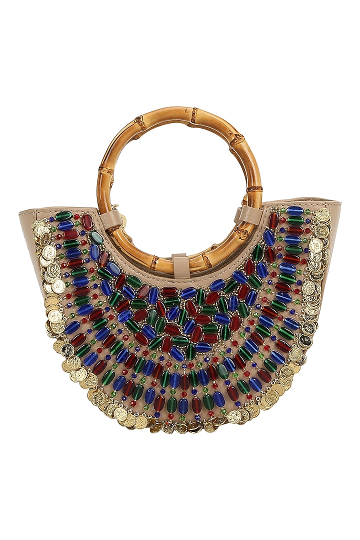Nude Leather Embellished Potli by The Leather Garden at Pernia's Pop Up Shop