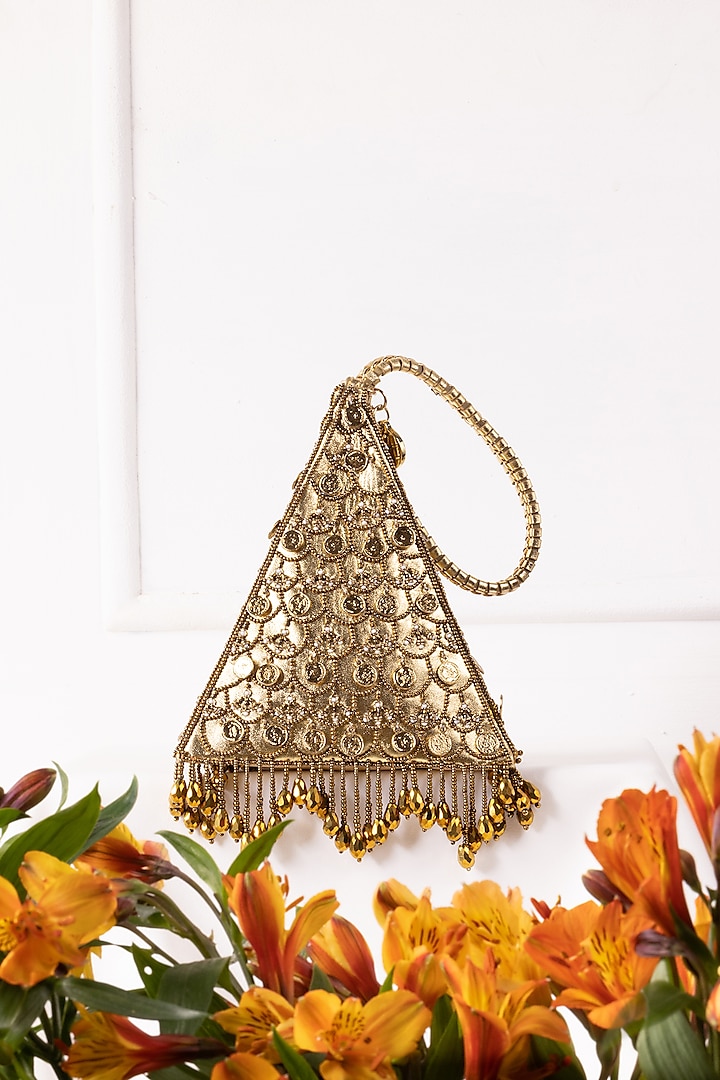 Gold Leather Metallic Thread Embroidered Potli by The Leather Garden