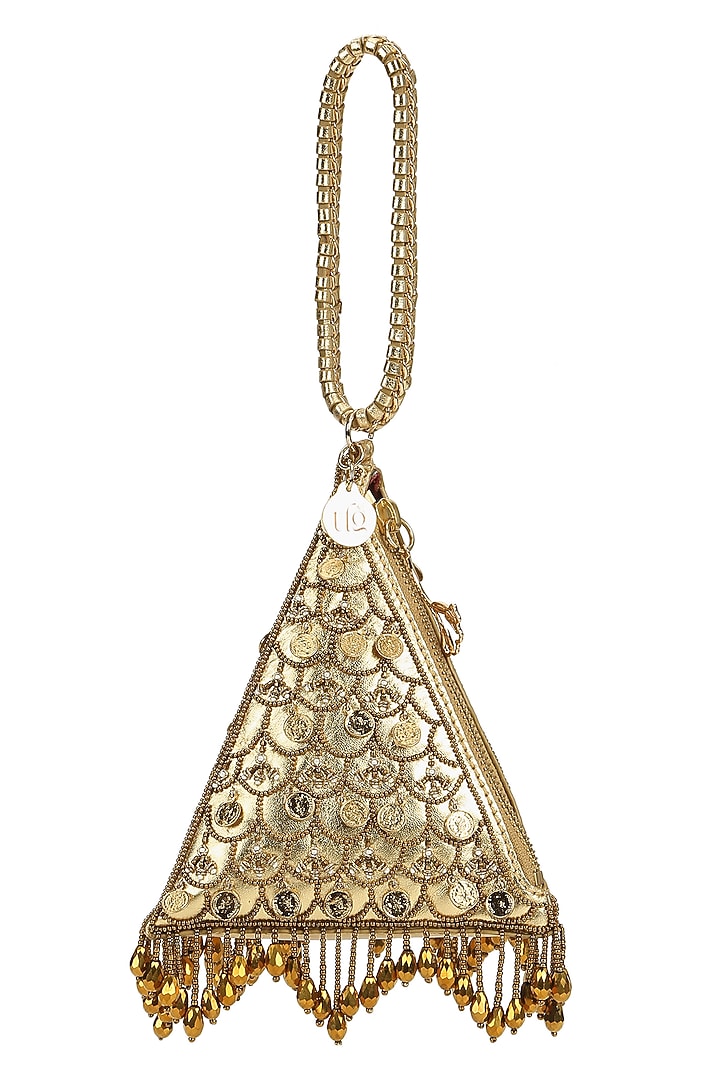 Gold Leather Metallic Thread Embroidered Potli by The Leather Garden at Pernia's Pop Up Shop