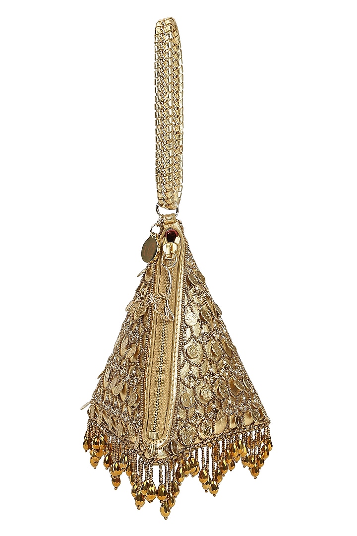 Gold Leather Metallic Thread Embroidered Potli by The Leather Garden at Pernia's Pop Up Shop