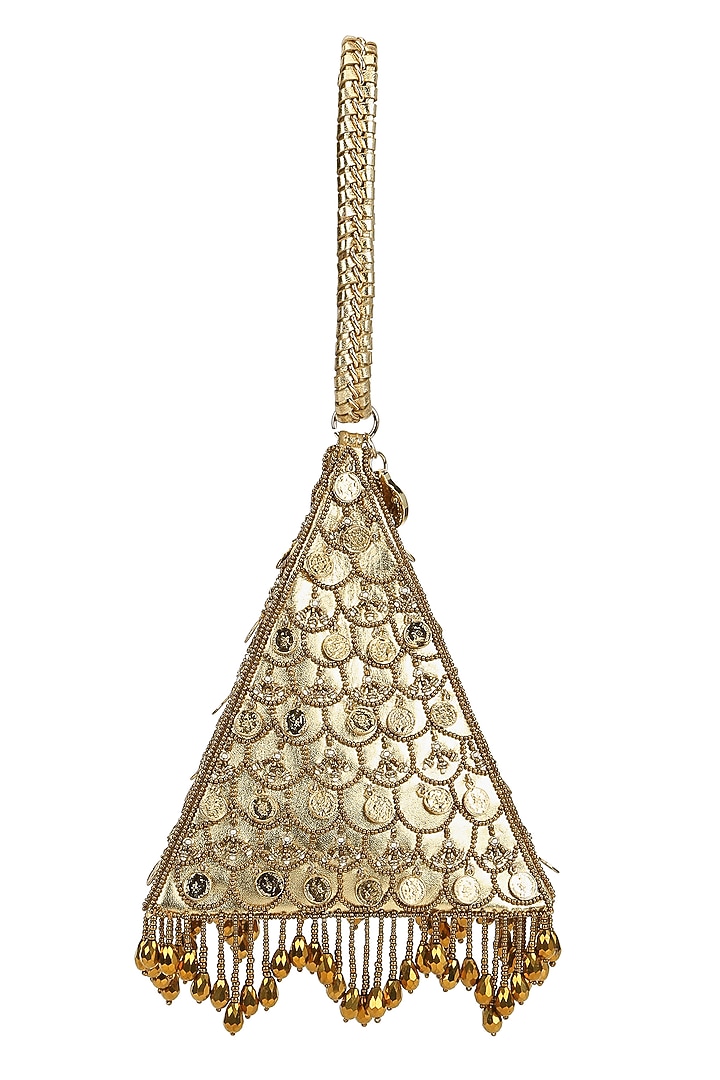 Gold Leather Metallic Thread Embroidered Potli by The Leather Garden at Pernia's Pop Up Shop