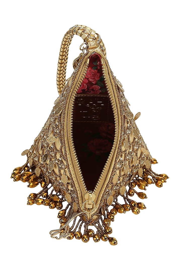 Gold Leather Metallic Thread Embroidered Potli by The Leather Garden at Pernia's Pop Up Shop