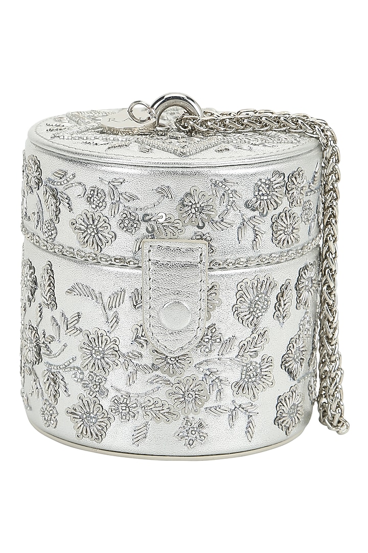 Silver Leather Hand Embroidered Mini Bag by The Leather Garden at Pernia's Pop Up Shop