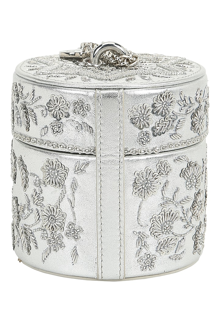 Silver Leather Hand Embroidered Mini Bag by The Leather Garden at Pernia's Pop Up Shop