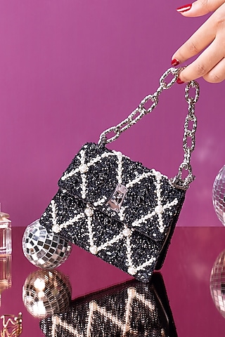 Black & Silver Leather Pearl Embellished Crossbody Bag by The Leather Garden