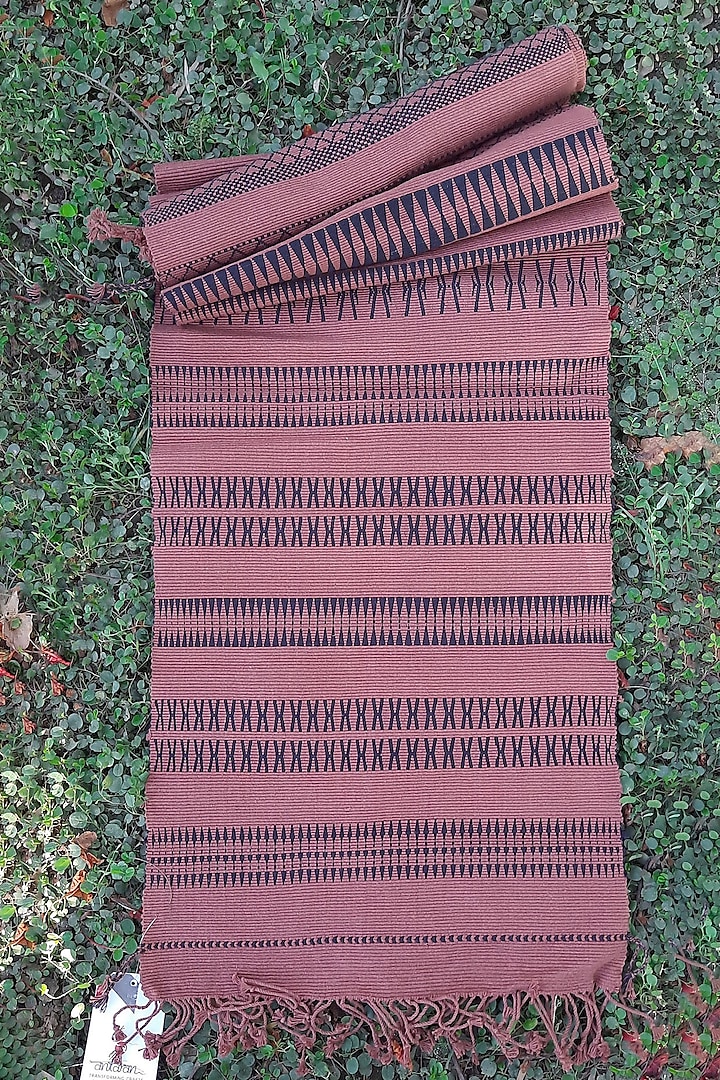 Black & Pink Cotton Handwoven Table Runner by Lhusalu