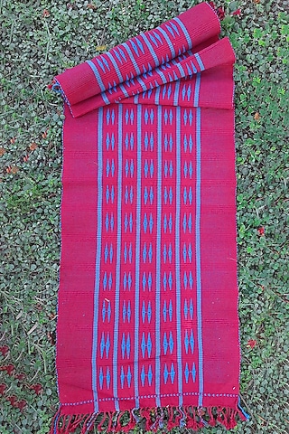 Red Cotton Handwoven Table Runner by Lhusalu