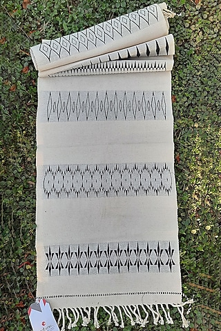 White & Black Cotton Handwoven Table Runner by Lhusalu