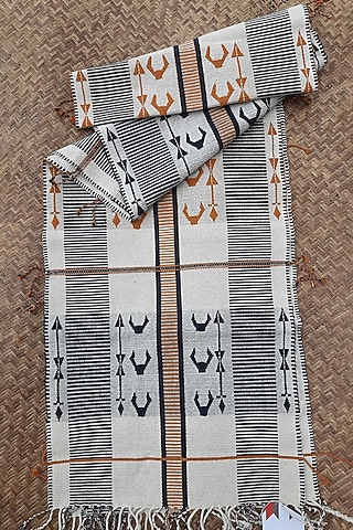White & Orange Cotton Handwoven Table Runner by Lhusalu