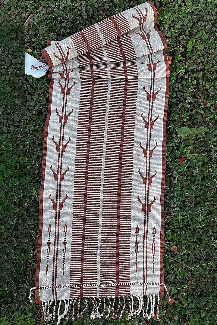 White & Brown Cotton Handwoven Table Runner by Lhusalu