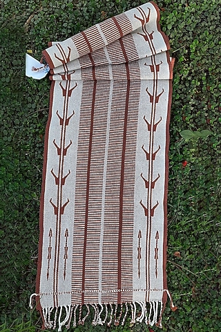 White & Brown Cotton Handwoven Table Runner by Lhusalu