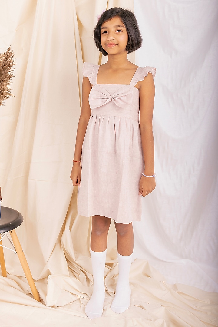 Onion Pink Linen & Lyocell Bow Dress For Girls by Lilvin Comfy Wear