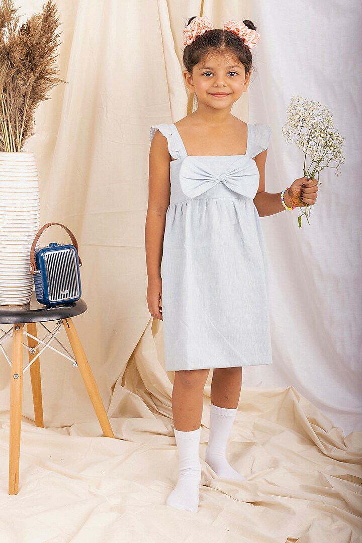 Powder Blue Linen & Lyocell Bow Dress For Girls by Lilvin Comfy Wear