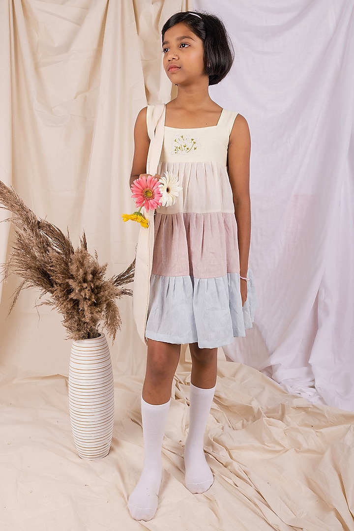 Multi-Colored Linen & Lyocell Floral Hand Embroidered Dress For Girls by Lilvin Comfy Wear at Pernia's Pop Up Shop