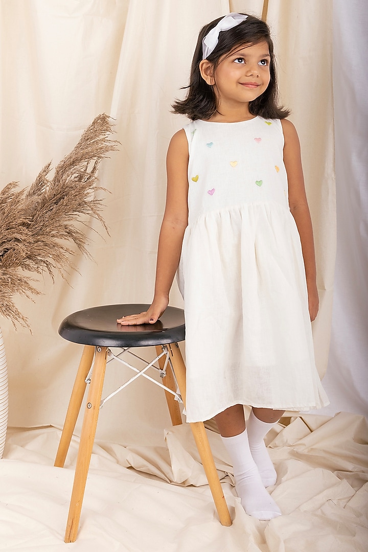 White Linen & Lyocell Hand Embroidered Dress For Girls by Lilvin Comfy Wear