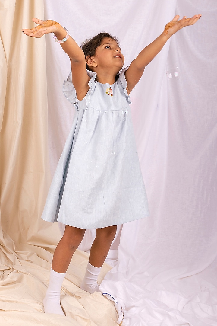 Powder Blue Linen & Lyocell Hand Embroidered Ruffled Dress For Girls by Lilvin Comfy Wear at Pernia's Pop Up Shop