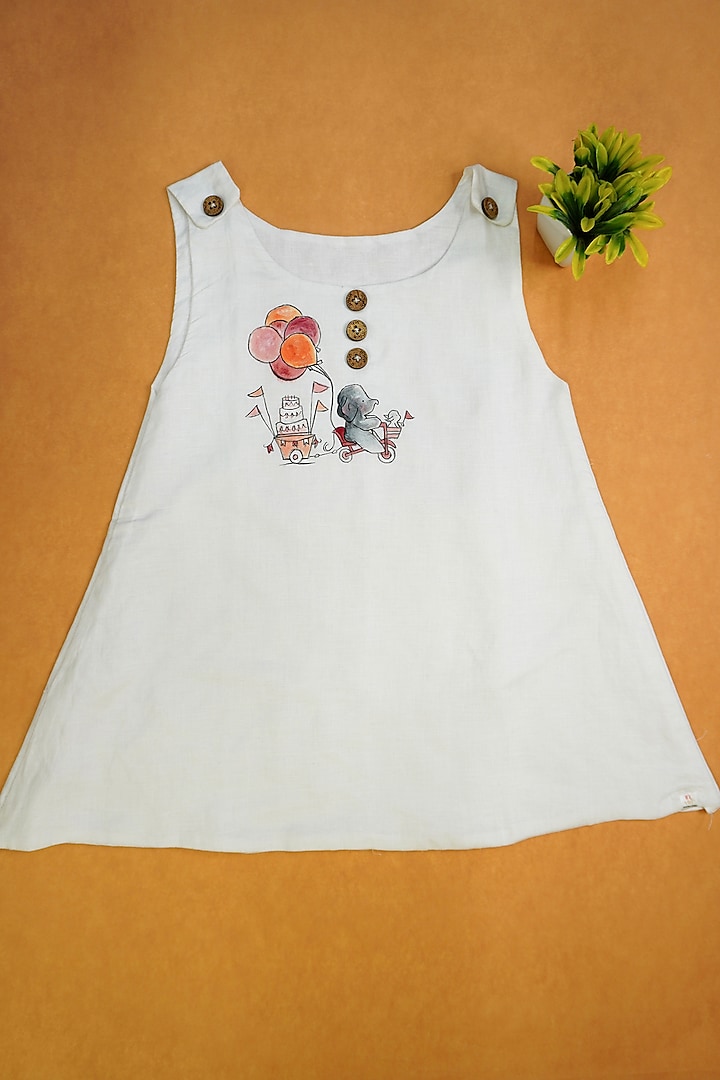 White Linen & Lyocell Hand Painted Dress For Girls by Lilvin Comfy Wear