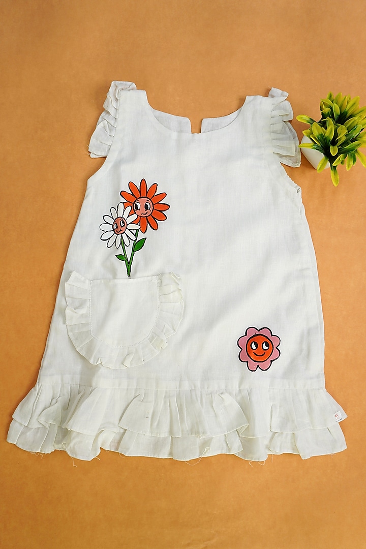 White Linen & Lyocell Floral Hand Painted Dress For Girls by Lilvin Comfy Wear
