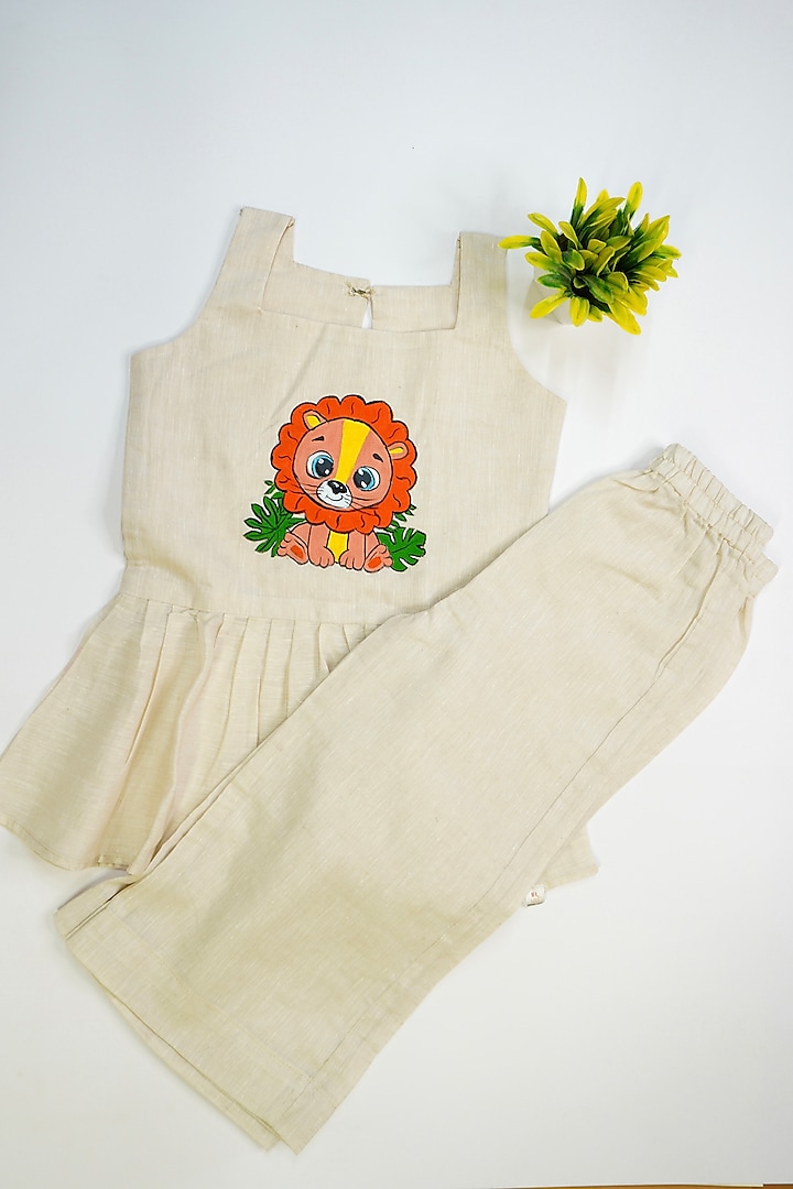 Beige Linen & Lyocell Hand Painted Co-Ord Set For Girls by Lilvin Comfy Wear