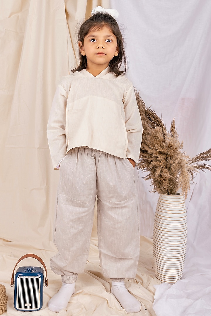 Beige Linen & Lyocell Hoodie For Girls by Lilvin Comfy Wear