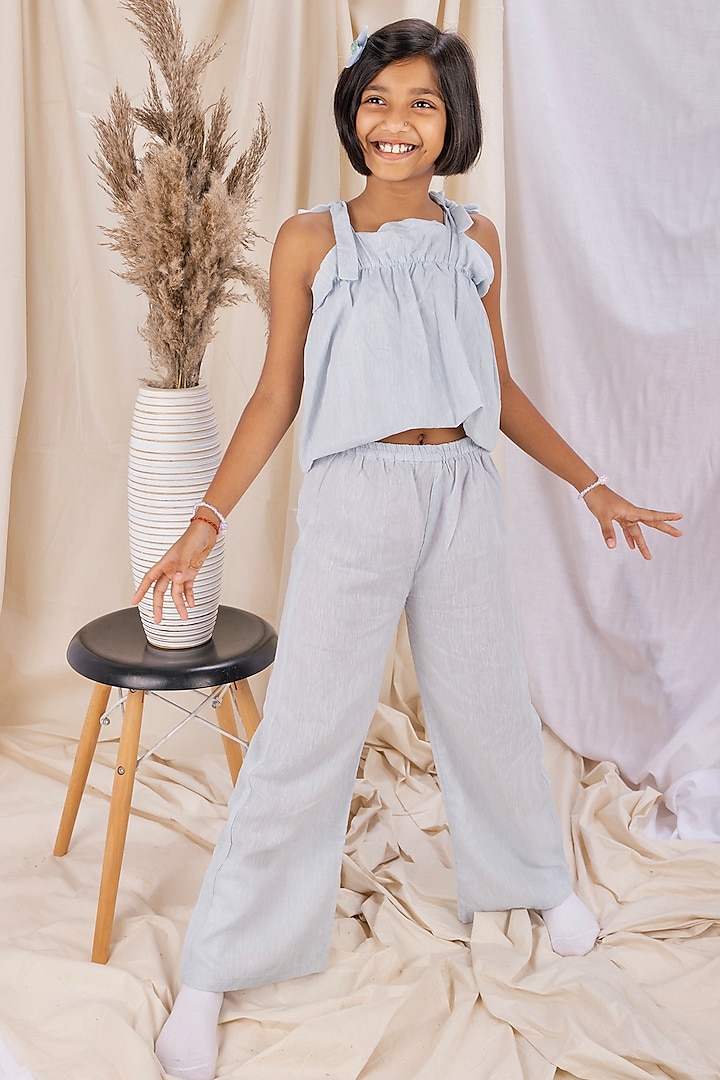 Powder Blue Linen & Lyocell Trousers For Girls by Lilvin Comfy Wear