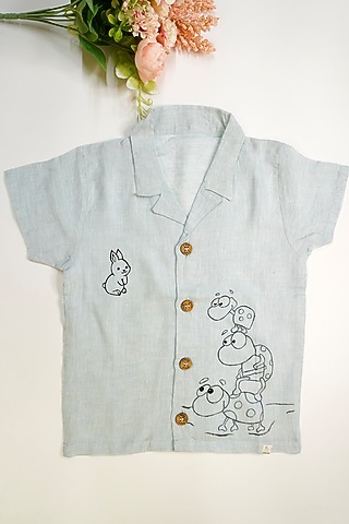 Powder Blue Linen & Lyocell Hand Painted Shirt For Boys by Lilvin Comfy Wear