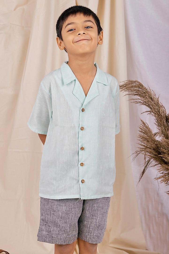 Turquoise Linen & Lyocell Shirt For Boys by Lilvin Comfy Wear