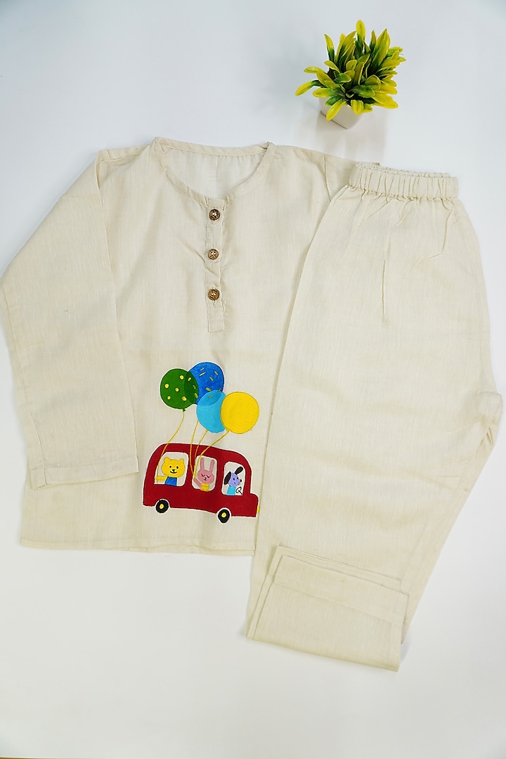 Beige Linen & Lyocell Hand Painted Co-Ord Set For Boys by Lilvin Comfy Wear