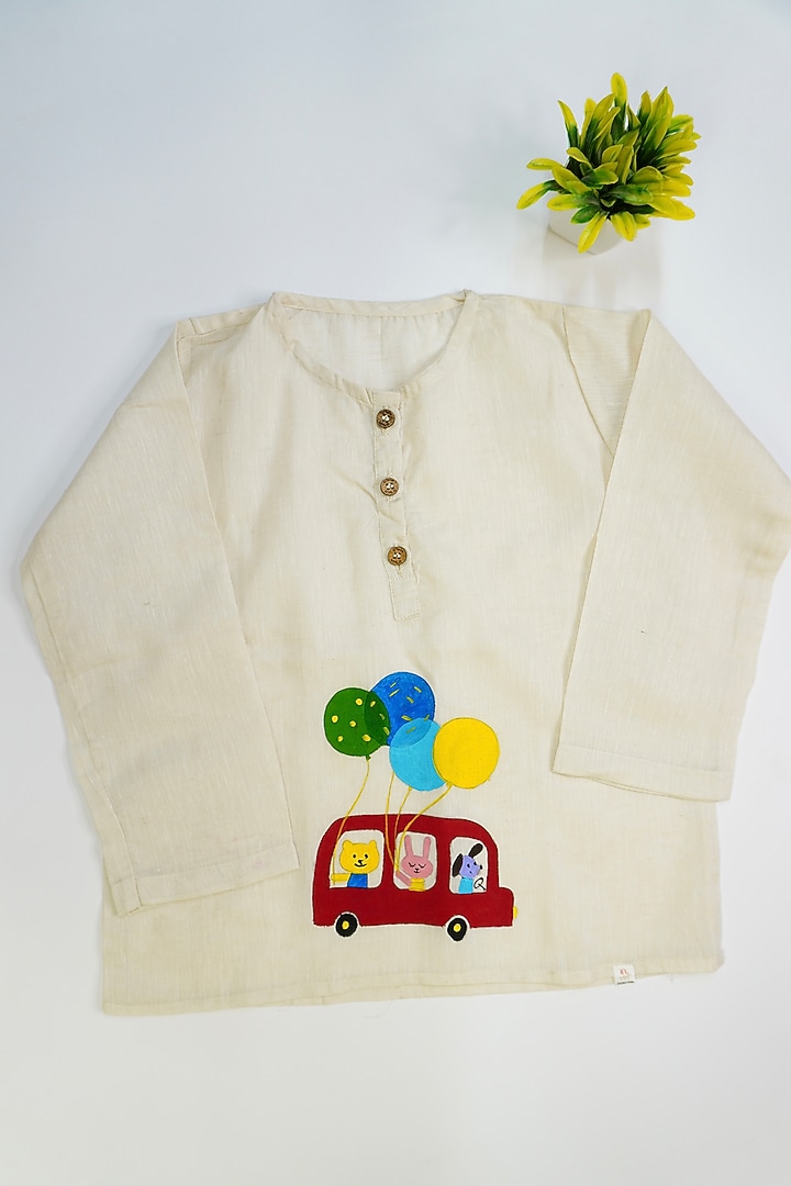 Beige Linen & Lyocell Hand Painted Co-Ord Set For Boys by Lilvin Comfy Wear at Pernia's Pop Up Shop