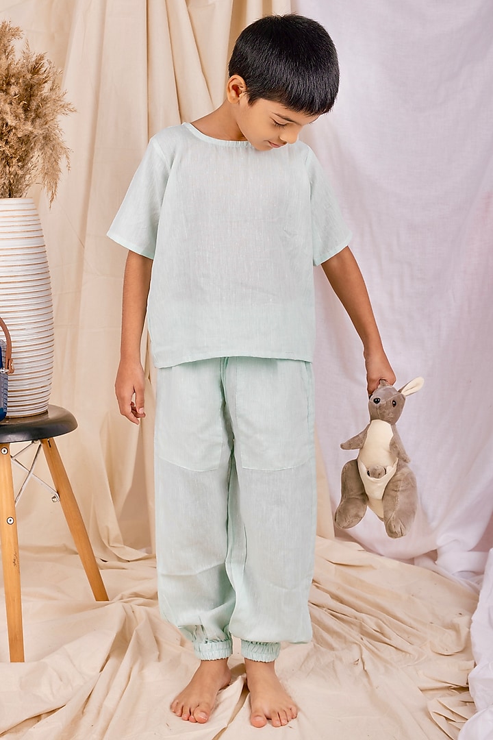 Turquoise Linen & Lyocell Co-Ord Set For Boys by Lilvin Comfy Wear