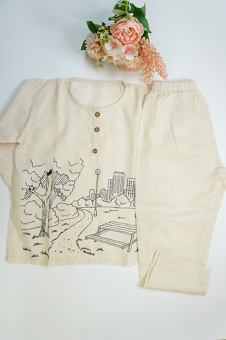 Beige Linen & Lyocell Canvas Hand Painted Co-Ord Set For Boys by Lilvin Comfy Wear