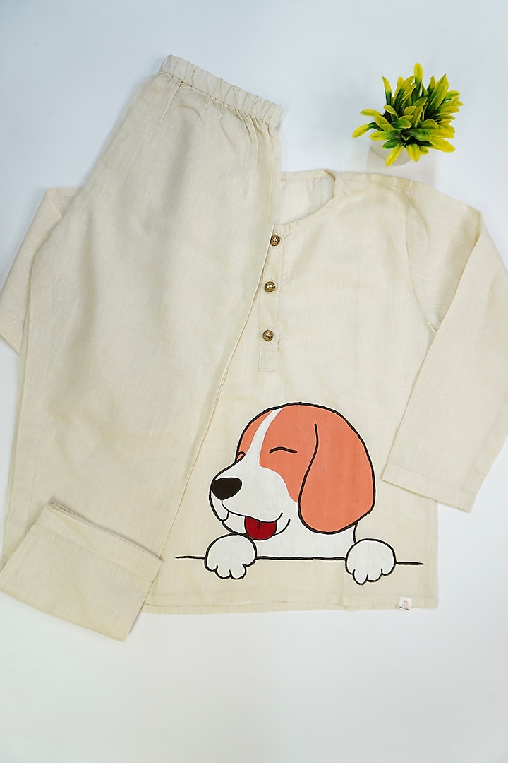 Beige Linen & Lyocell Puppy Hand Painted Co-Ord Set For Girls by Lilvin Comfy Wear