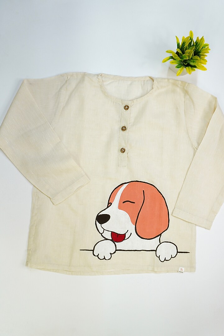 Beige Linen & Lyocell Puppy Hand Painted Co-Ord Set For Girls by Lilvin Comfy Wear at Pernia's Pop Up Shop
