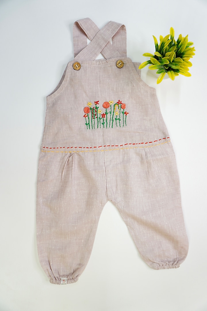 Onion Pink Linen & Lyocell Hand Embroidered Jumpsuit For Girls by Lilvin Comfy Wear