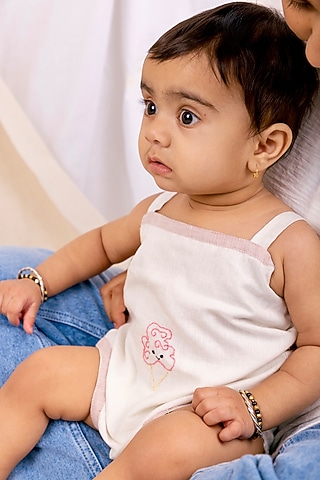 White Blue Linen & Lyocell Hand Embroidered Bodysuit For Boys by Lilvin Comfy Wear