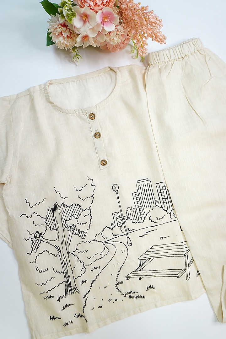 White Blue Linen & Lyocell Hand Embroidered Bodysuit For Boys by Lilvin Comfy Wear at Pernia's Pop Up Shop