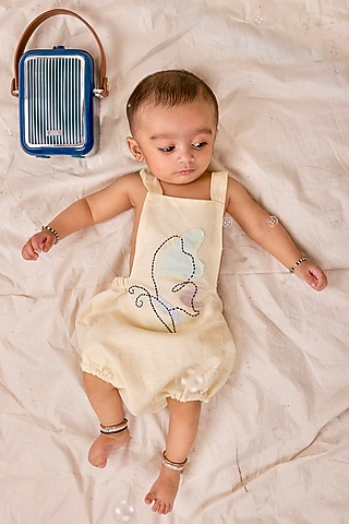 Lemon Yellow Linen & Lyocell Embroidered Bodysuit For Boys by Lilvin Comfy Wear