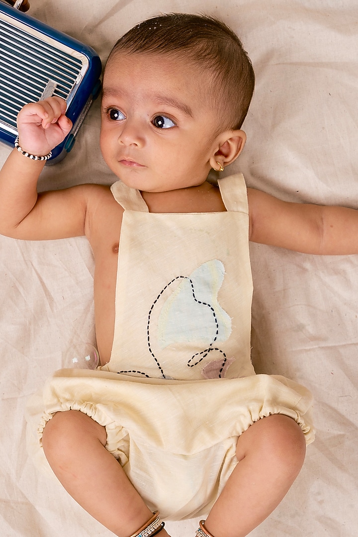 Lemon Yellow Linen & Lyocell Embroidered Bodysuit For Boys by Lilvin Comfy Wear at Pernia's Pop Up Shop