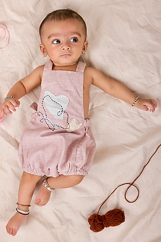Onion Pink Linen & Lyocell Embroidered Bodysuit For Boys by Lilvin Comfy Wear
