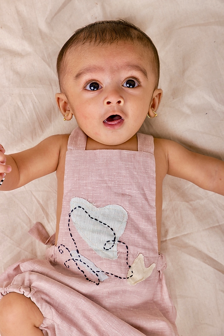 Onion Pink Linen & Lyocell Embroidered Bodysuit For Boys by Lilvin Comfy Wear at Pernia's Pop Up Shop