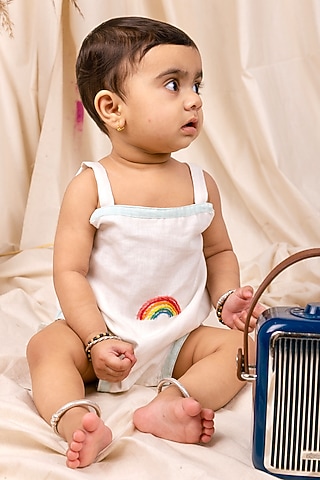 White Linen & Lyocell Hand Embroidered Bodysuit For Boys by Lilvin Comfy Wear