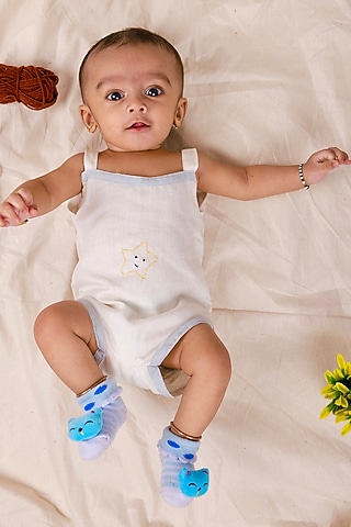 White Linen & Lyocell Hand Embroidered Bodysuit For Boys by Lilvin Comfy Wear
